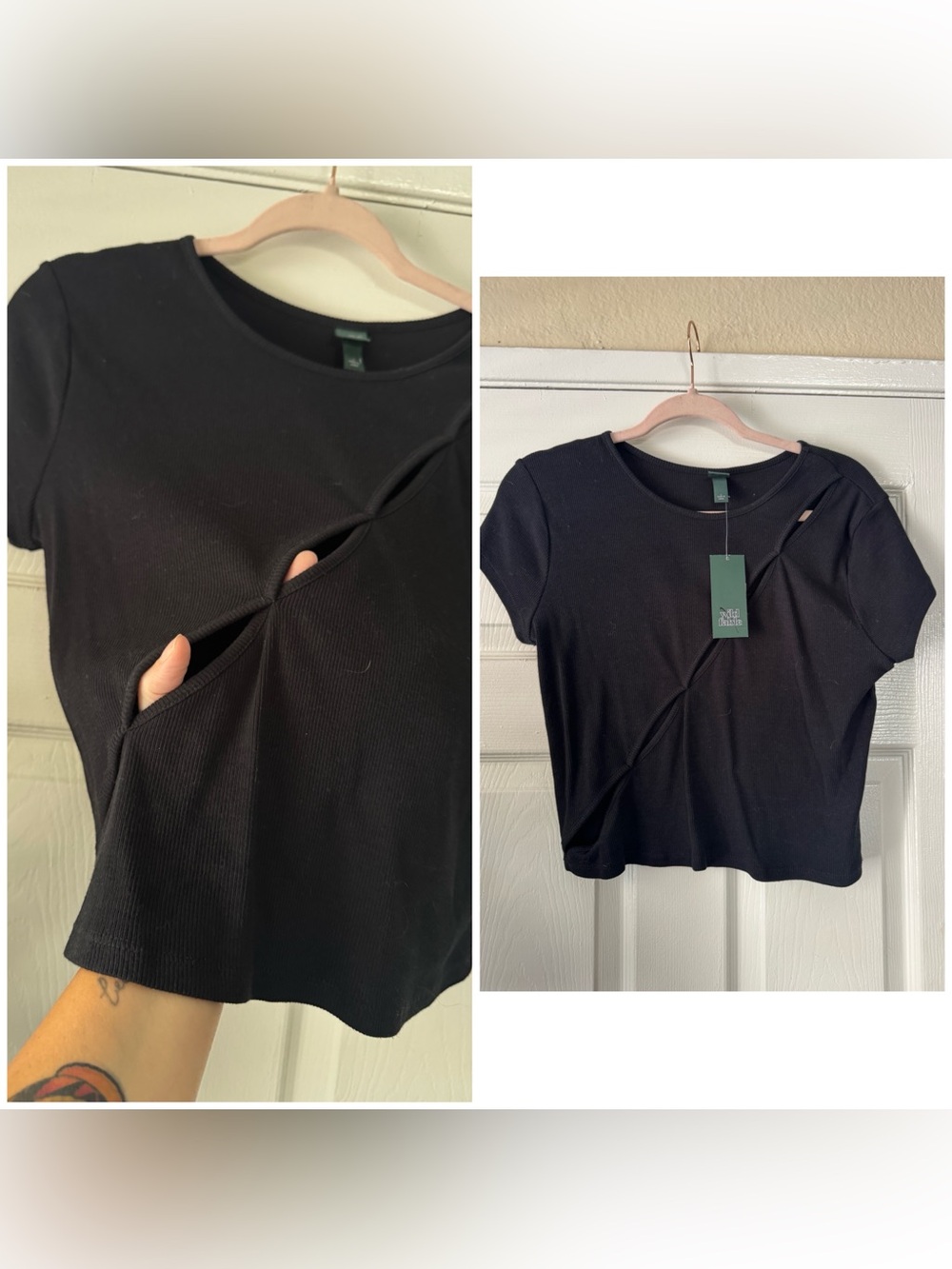 NEW wild fable Black Twist-Cut Out Ribbed Cropped Baby Doll Fitted Top, Large